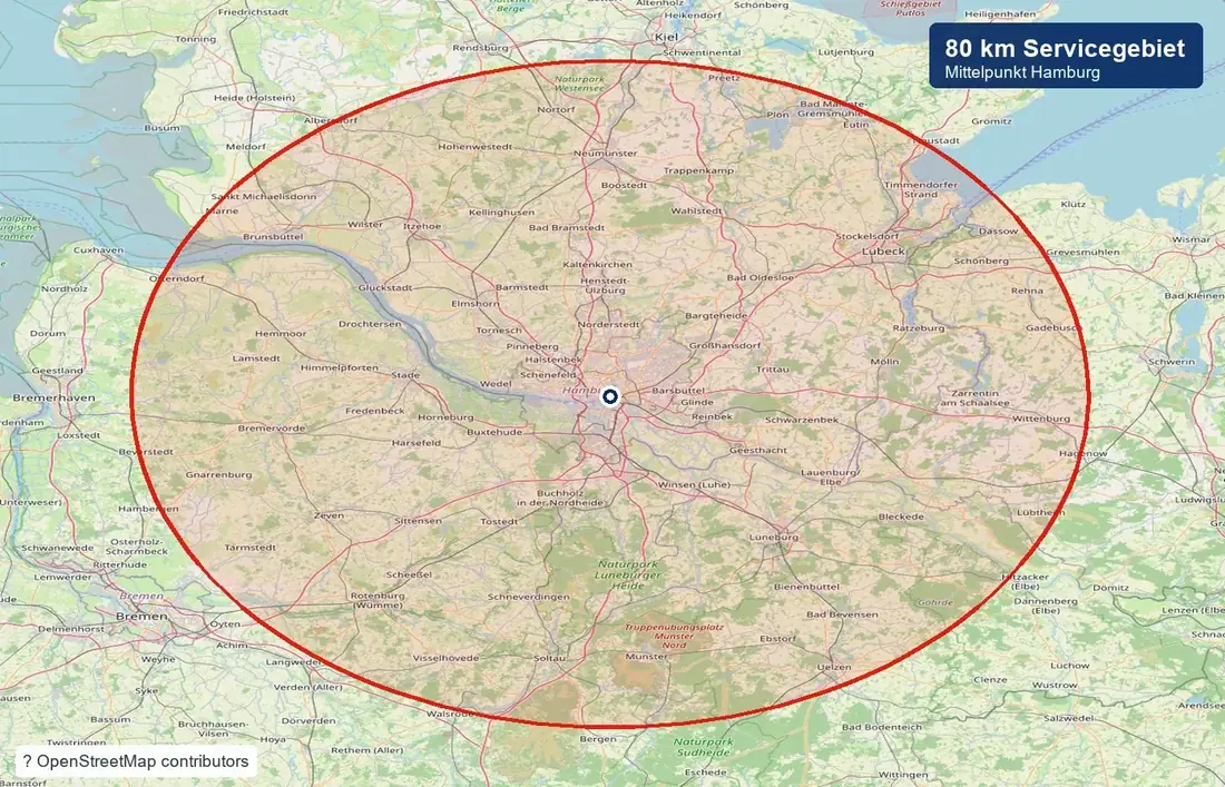 OpenStreetMap-Karte mit 80 Kilometer Servicegebiet rund um Hamburg