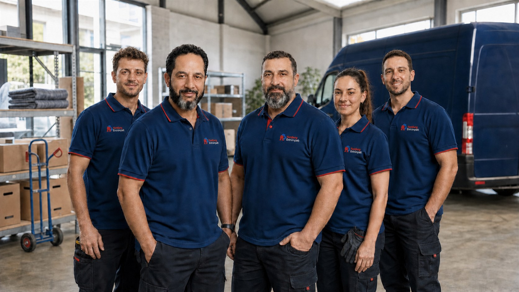 Freigegebenes Team-Motiv von Hamburg Entrümpelt in einer hellen Lagerhalle vor einem neutralen Transporter