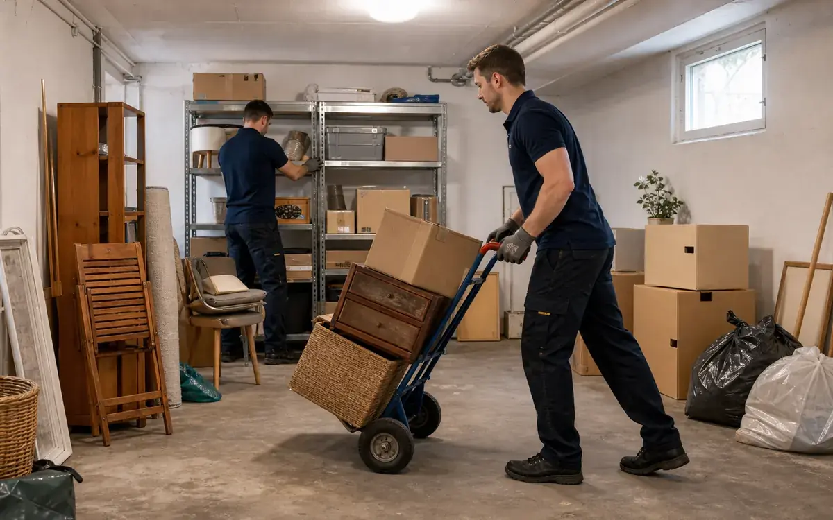 Entrümpelungsteam trägt Möbel durch ein Hamburger Altbau-Treppenhaus