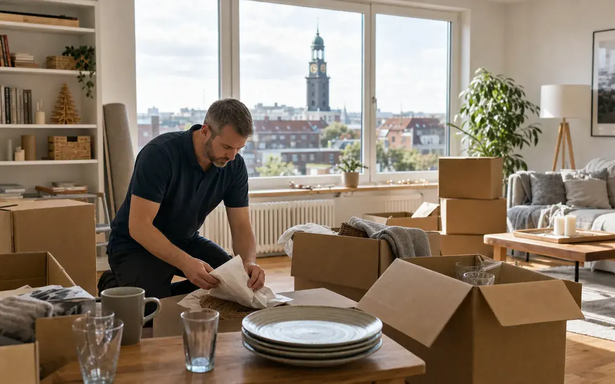 Vorbereitete Entrümpelung vor Feiertagen mit Kartons in einer Hamburger Wohnung