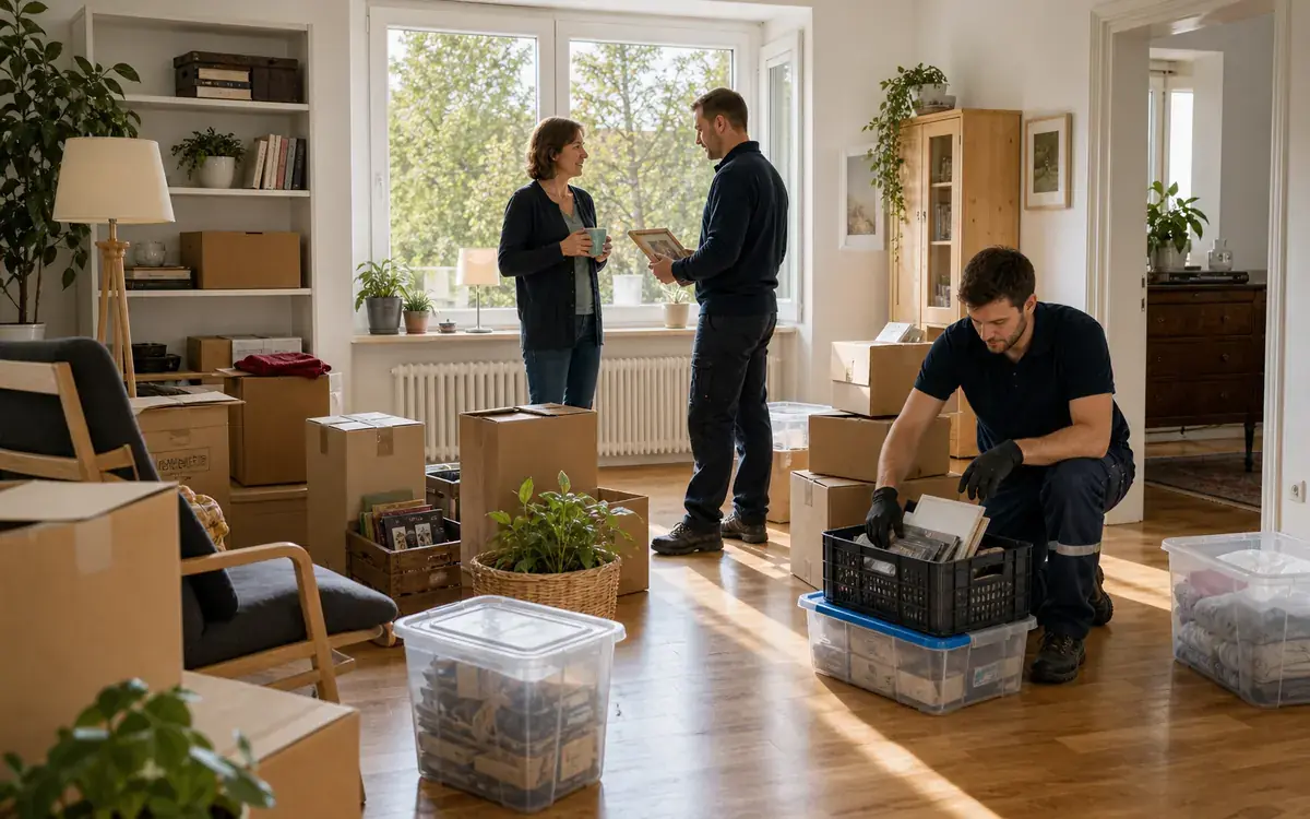 Diskrete Vorbereitung einer Messie-Wohnung mit sortierten Kisten und freiem Laufweg
