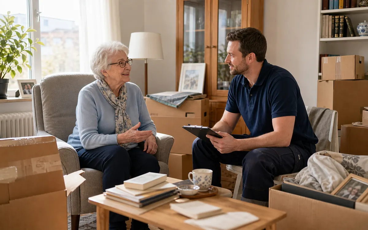Picture-of-an-elderly-person-sitting-in-a-flat-with-many-items,-talking-to-a-friendly-decluttering-professional-lq